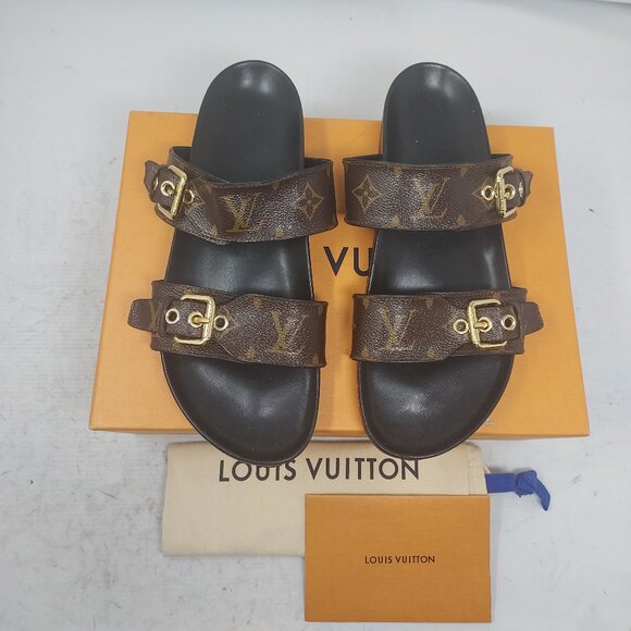 Louis Vuitton Brown Buckle Bom Dia Monogram Flat Slide Sandal - Picture 1 of 13